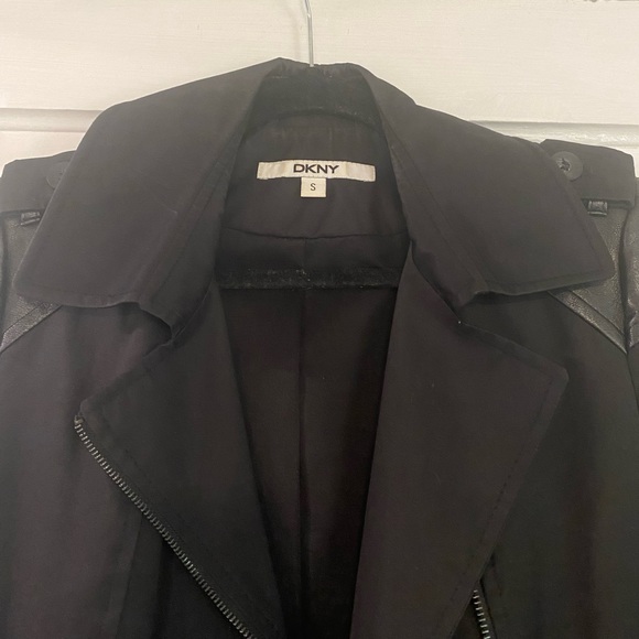 DKNY Small Black Faux Leather Trim Trench Coat - Picture 8 of 9